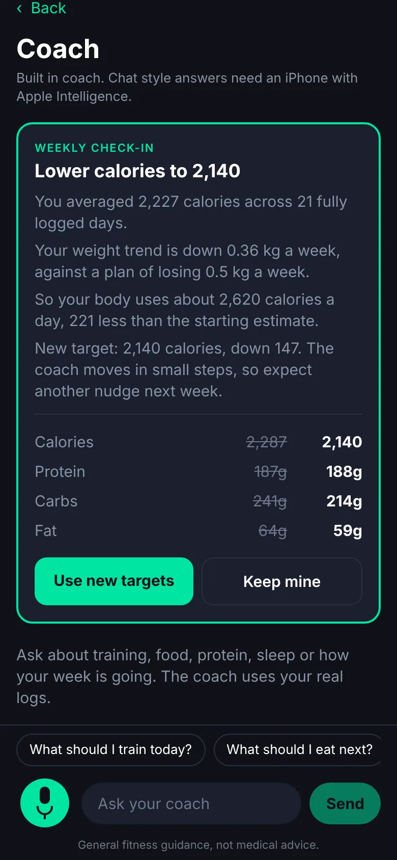 The coach screen with a weekly check-in card and suggested questions.