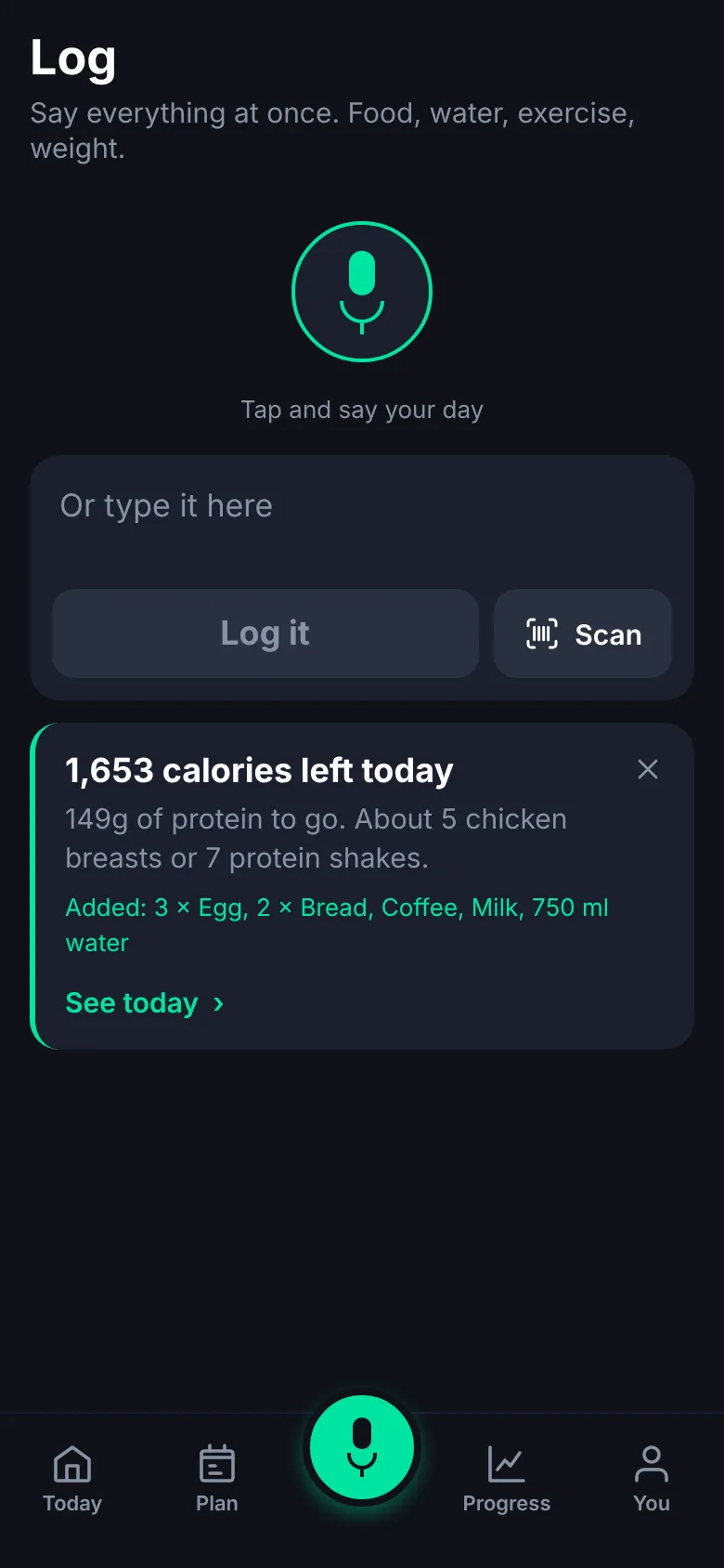 The Log screen after saying three eggs, two slices of toast, a coffee with milk and 750 ml of water, with 1,653 calories left today.