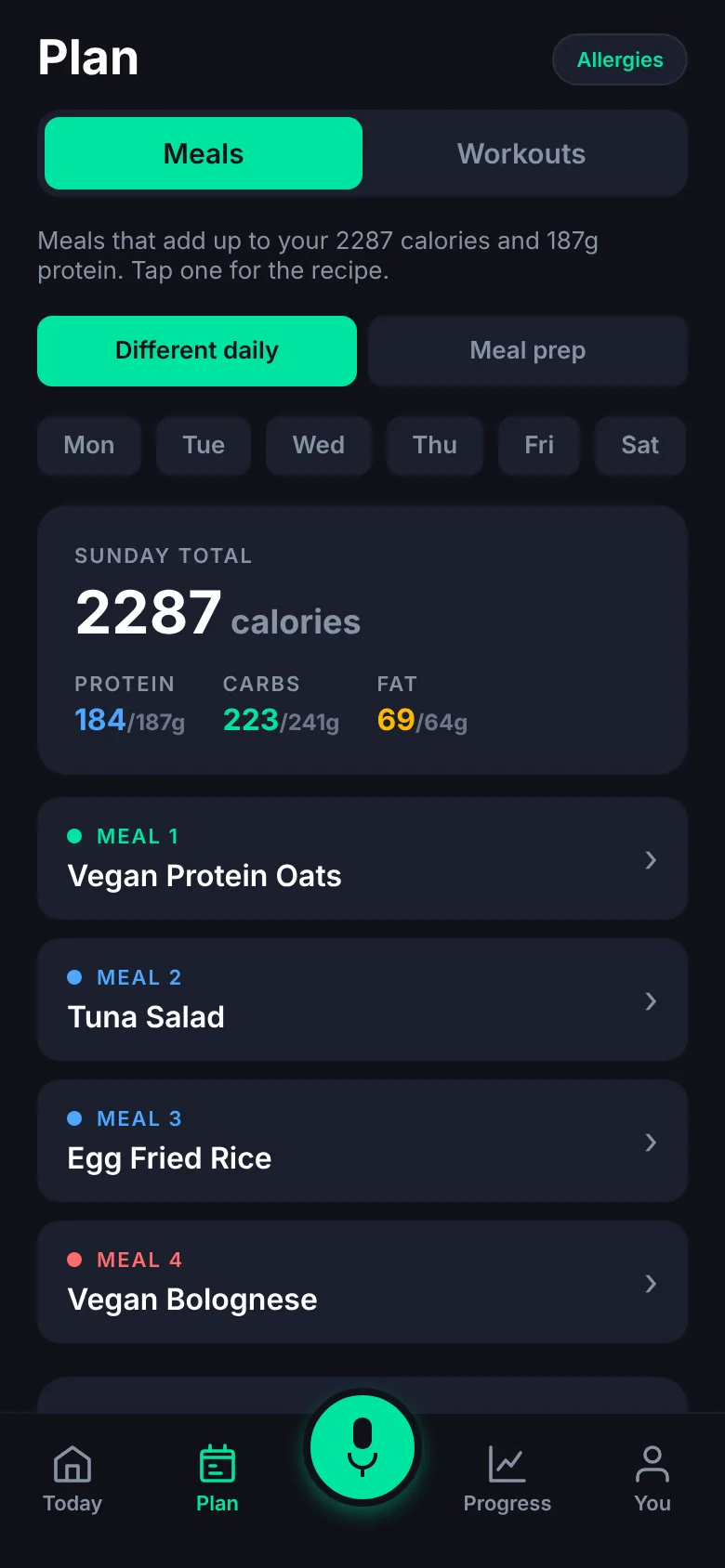 Plan tab showing four even meals for the day that add up to the calorie target.