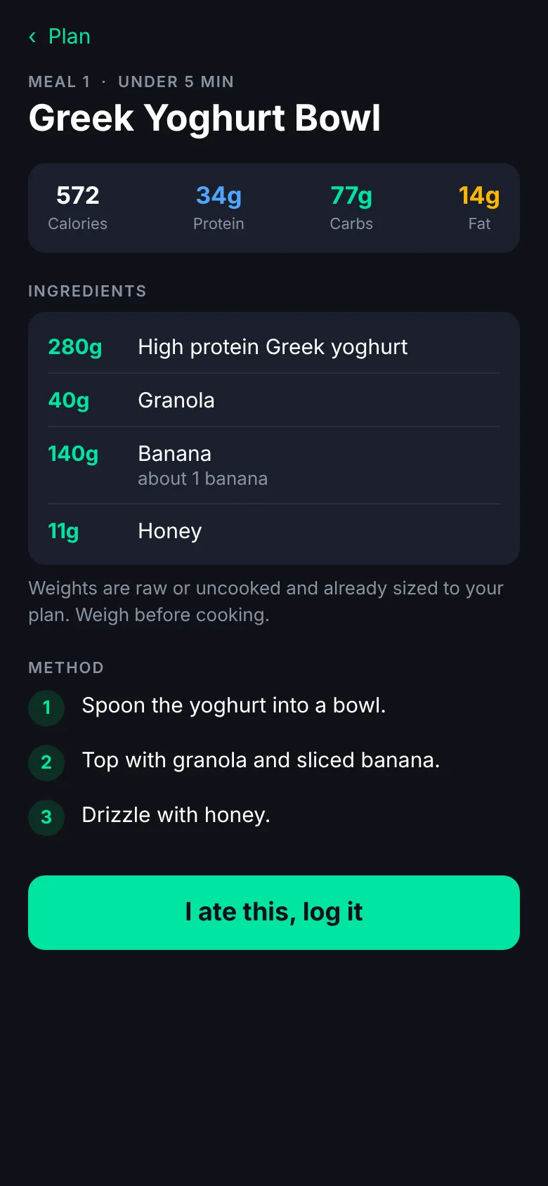 A Greek yoghurt bowl recipe with each ingredient's weight already sized to the plan.