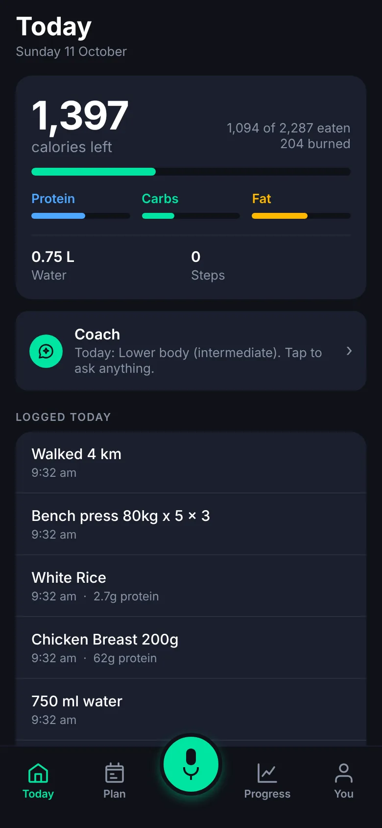 The Logpulse Today screen showing 1,397 calories left, macro bars and today's logged meals, a bench press and a walk.